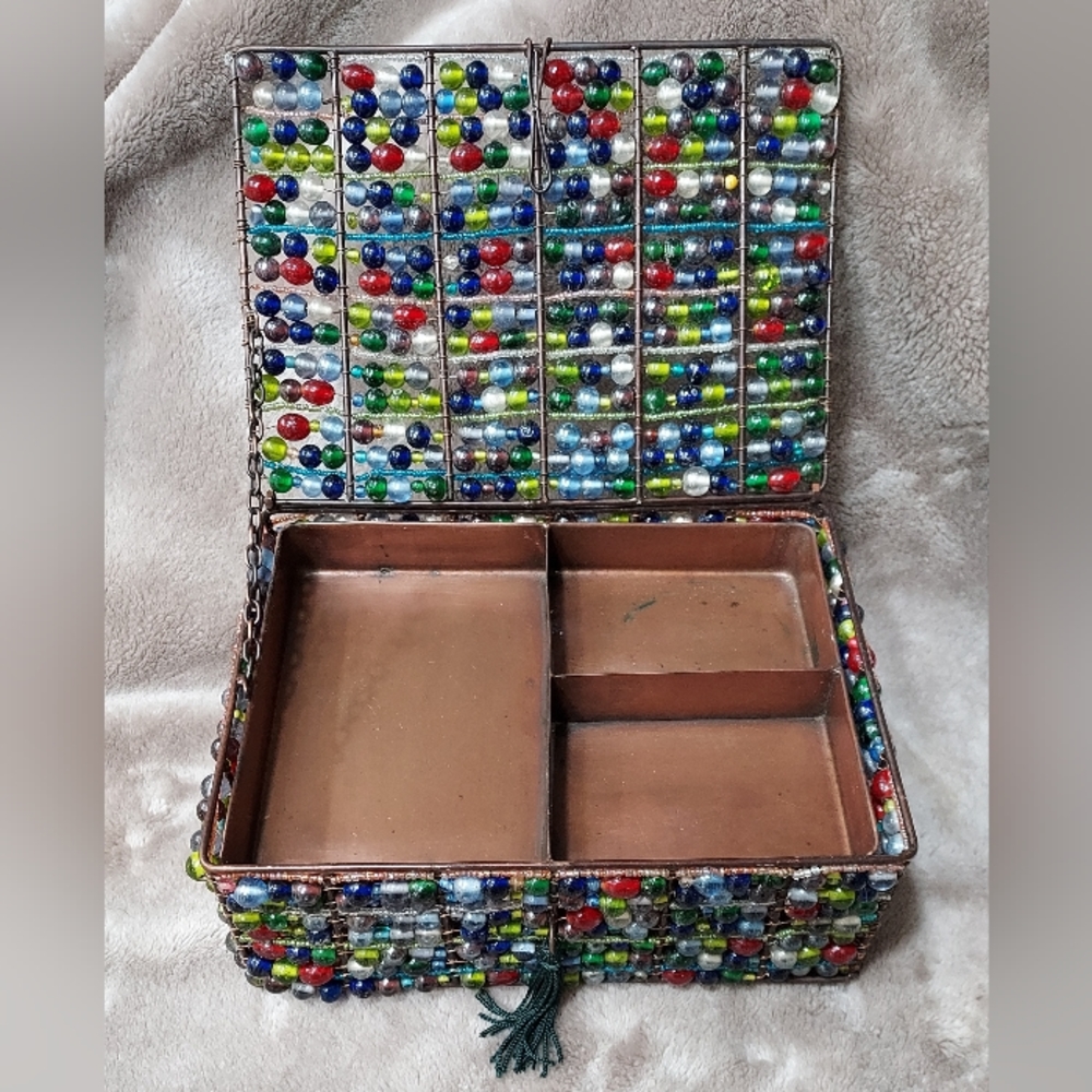 Glass Beaded Metal Brass Color Jewlrey Box Removable Tray